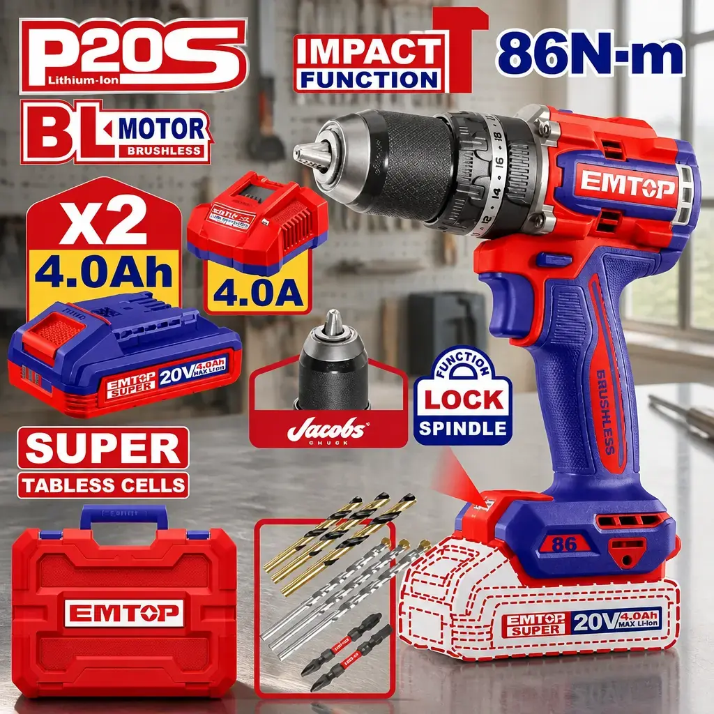 Taladro Percutor 13mm BL. 86Nm 2x Bat. 20V 4Ah (STC) (M) Emtop*