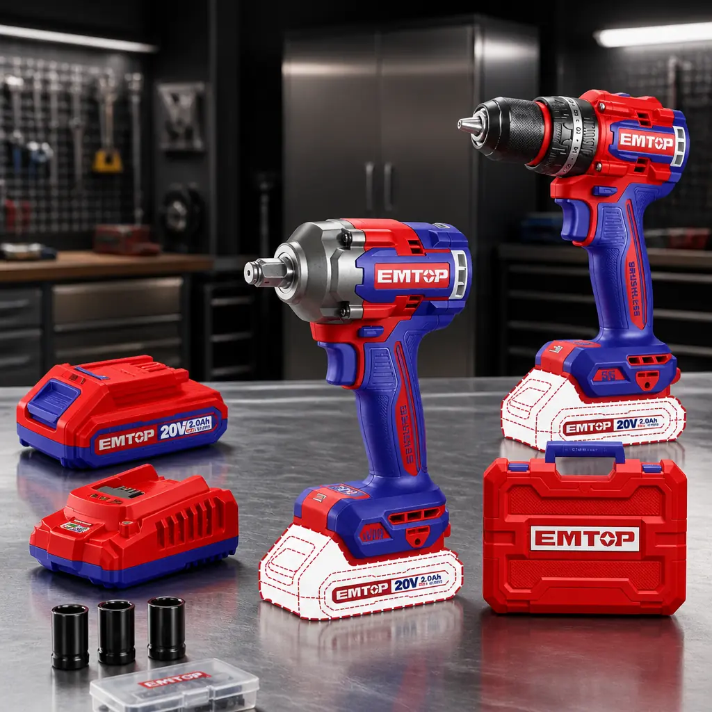 Desc - Kit Taladro Perc. + Llave de imp. BL 2x Bat 20V 2Ah. + Acc. (M) Emtop*