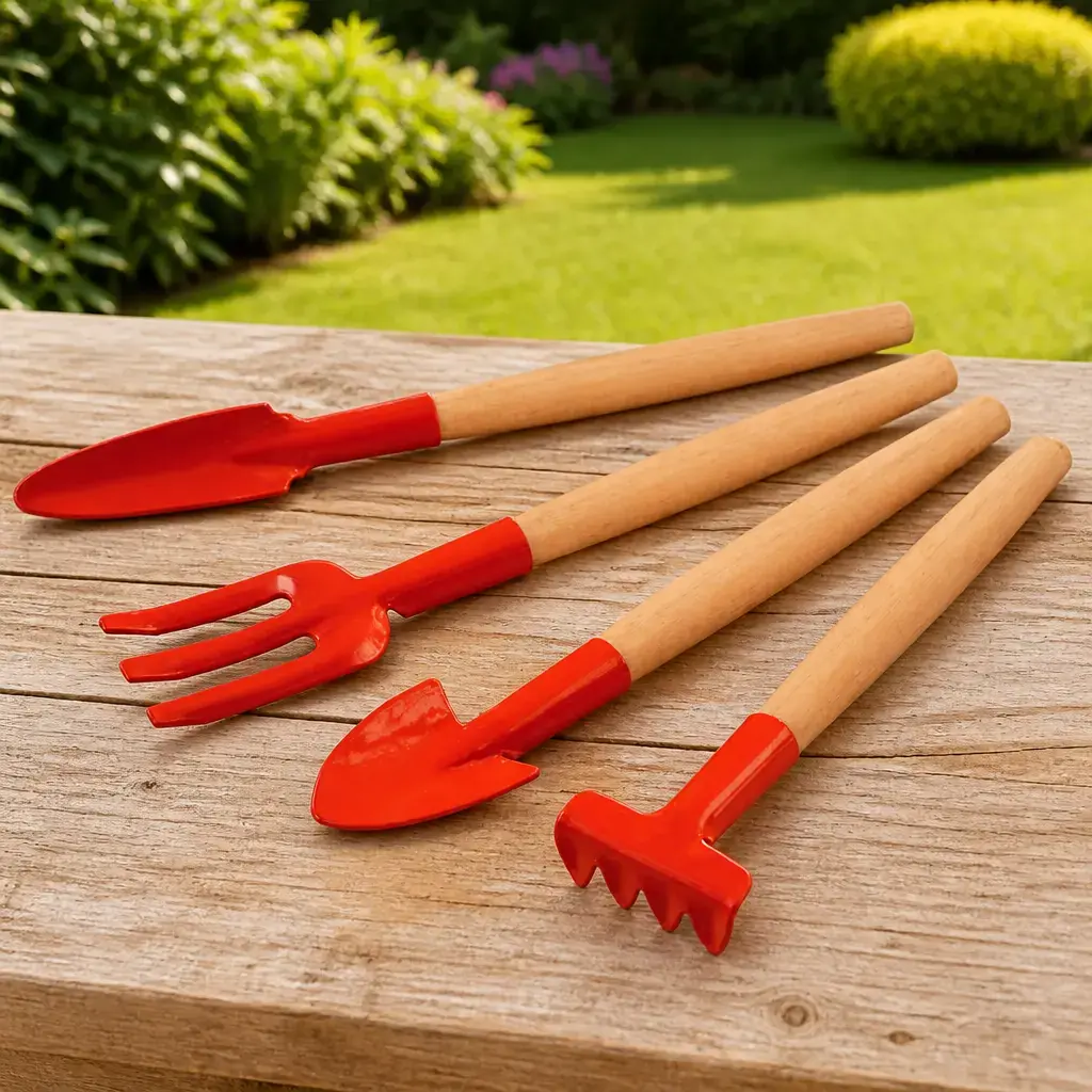 Juego jardineria 4 pzas. mango de madera. Blister