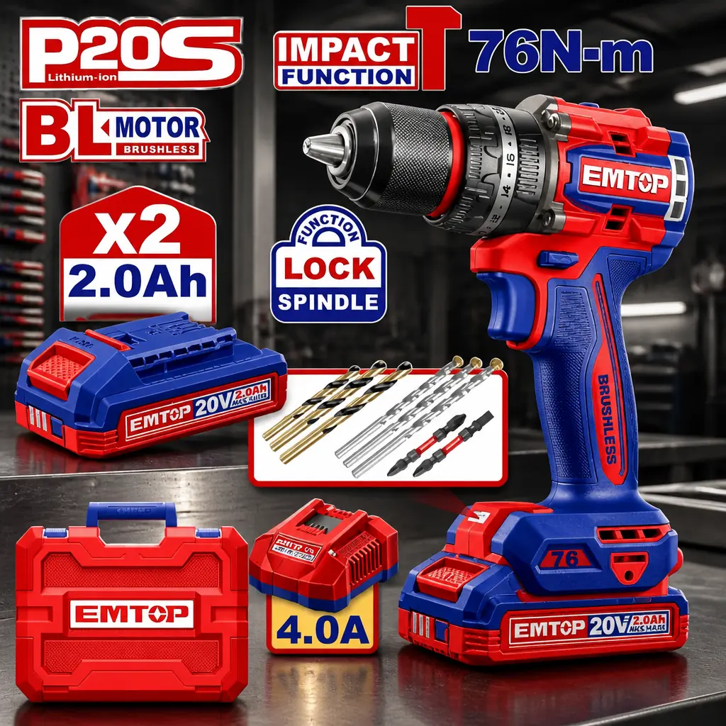 Taladro Percutor 13mm BL. 76Nm 2x Bat. 20V 2Ah (M) Emtop