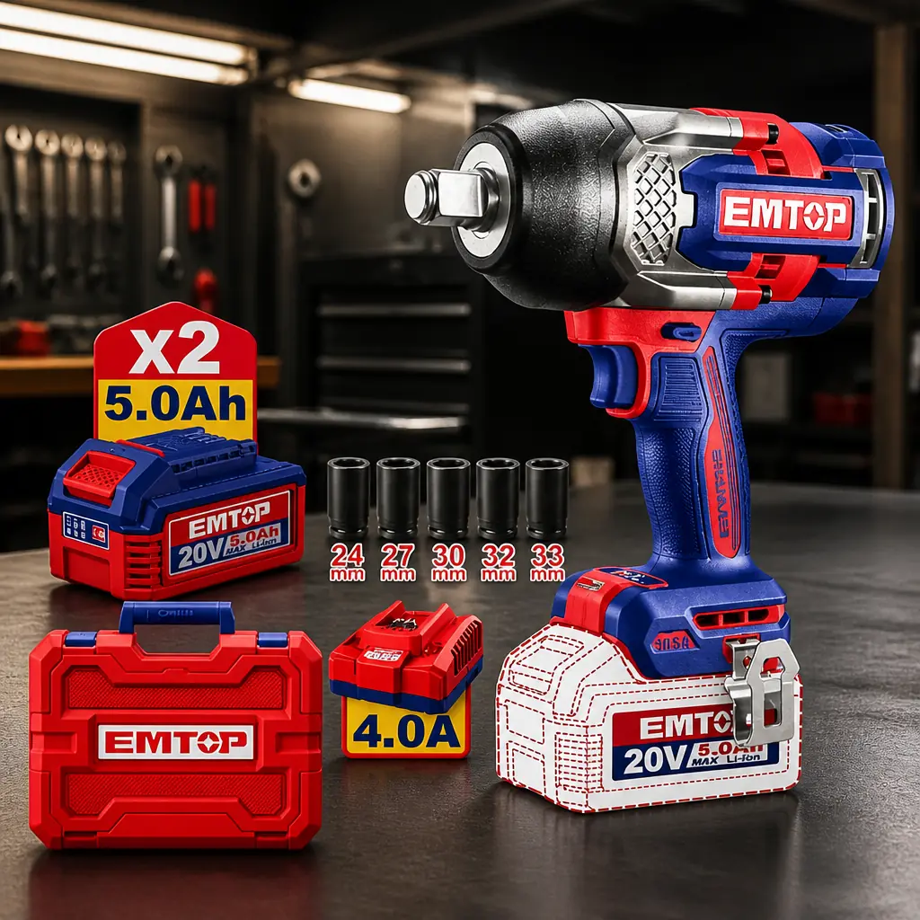 Llave de Impacto 3/4" BL 1050Nm 2x Bat 20V 5Ah + Acc. (M) EMTOP*