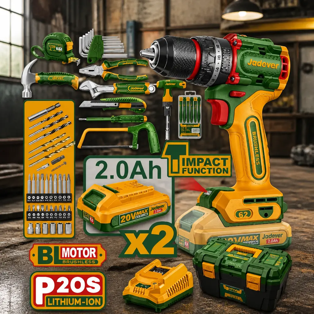 Juego de 119 pzas + Taladro Percutor 62Nm + 2x Bat. 20V 2Ah. (C) Jadever