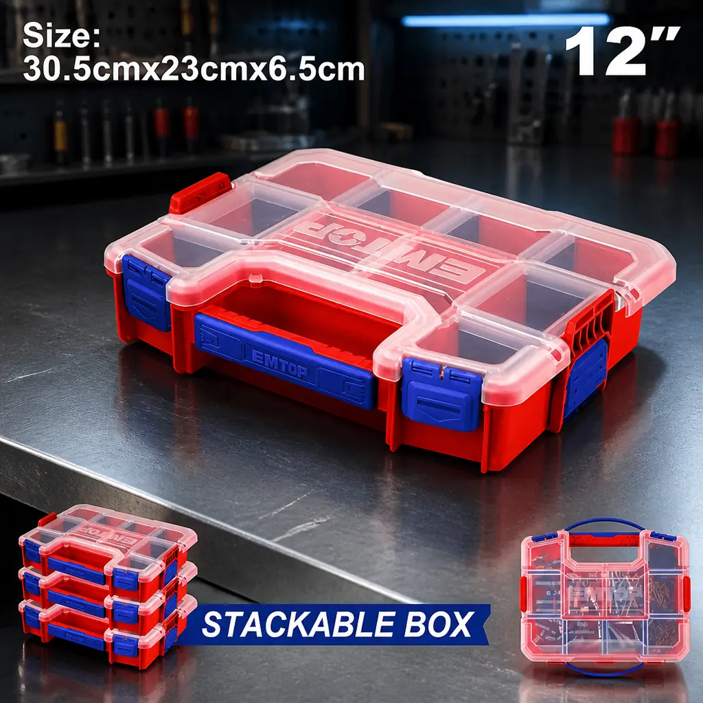 Caja plastica organizadora 12" apilable con 10 divisiones. Emtop