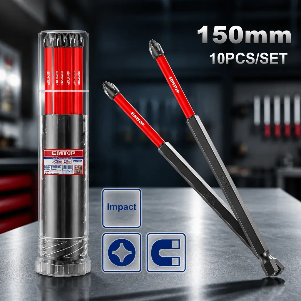 Puntas de Impacto largas 150mm PH2+ Acero Industrial S2. Emtop x10Un.
