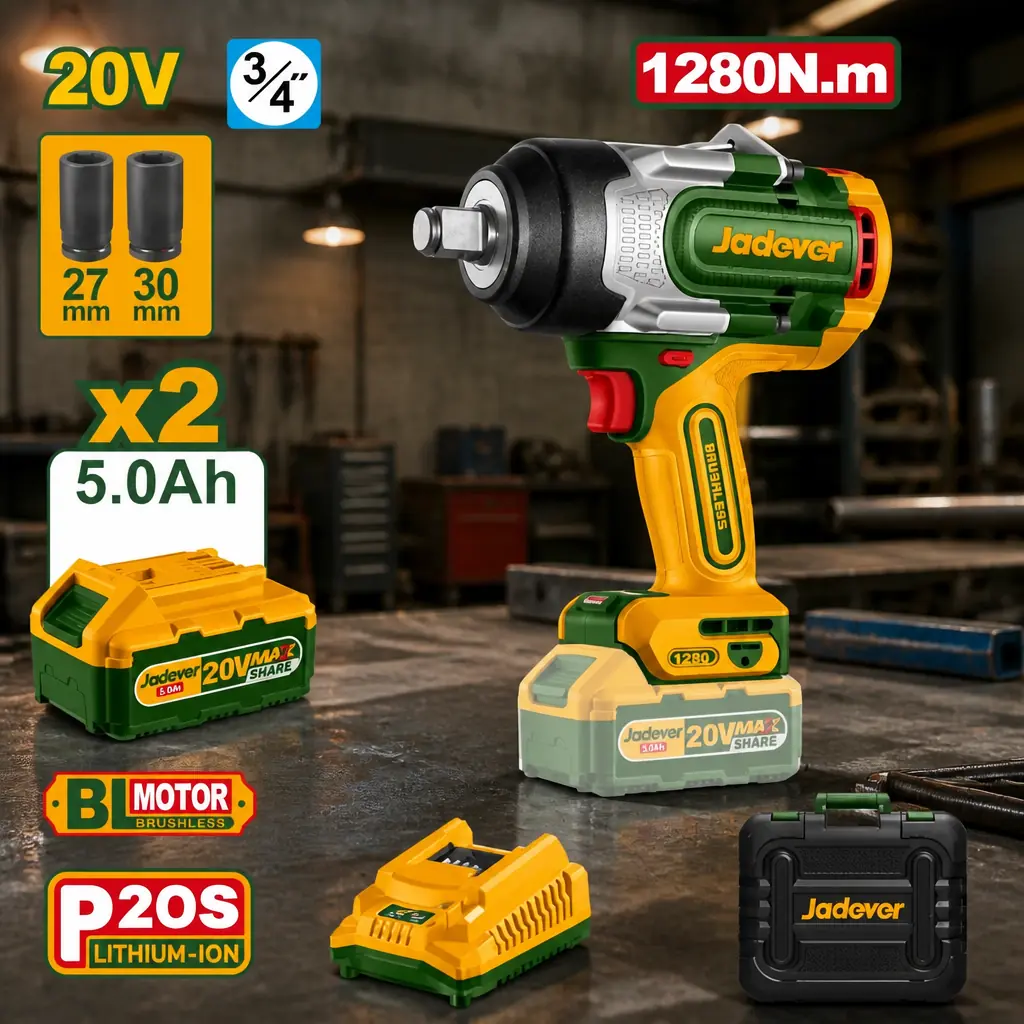 Desc - Llave de Impacto 3/4" 1280Nm BL. 2x Bat 20V 5Ah (M) Jadever*