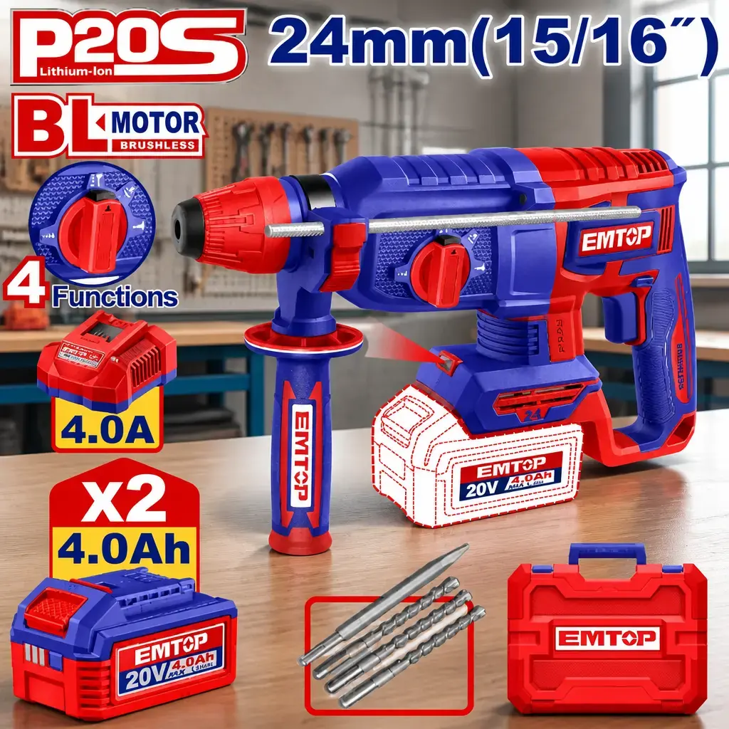 Rotomartillo SDSp 2.4J. 24mm + Acc. 2x Bat 20V 4Ah. (M) Emtop*