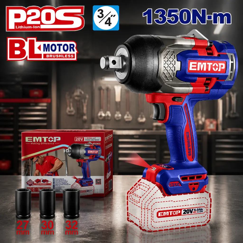 Llave de Impacto 3/4" BL 1350Nm + Acc. sin baterias EMTOP*