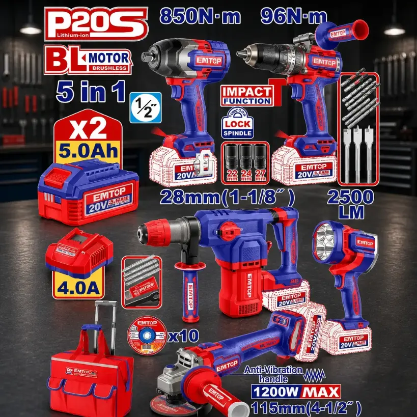 Kit Super Power Tools 5 en 1 + 2x Bat 20V 5Ah + Acc. (M) Emtop