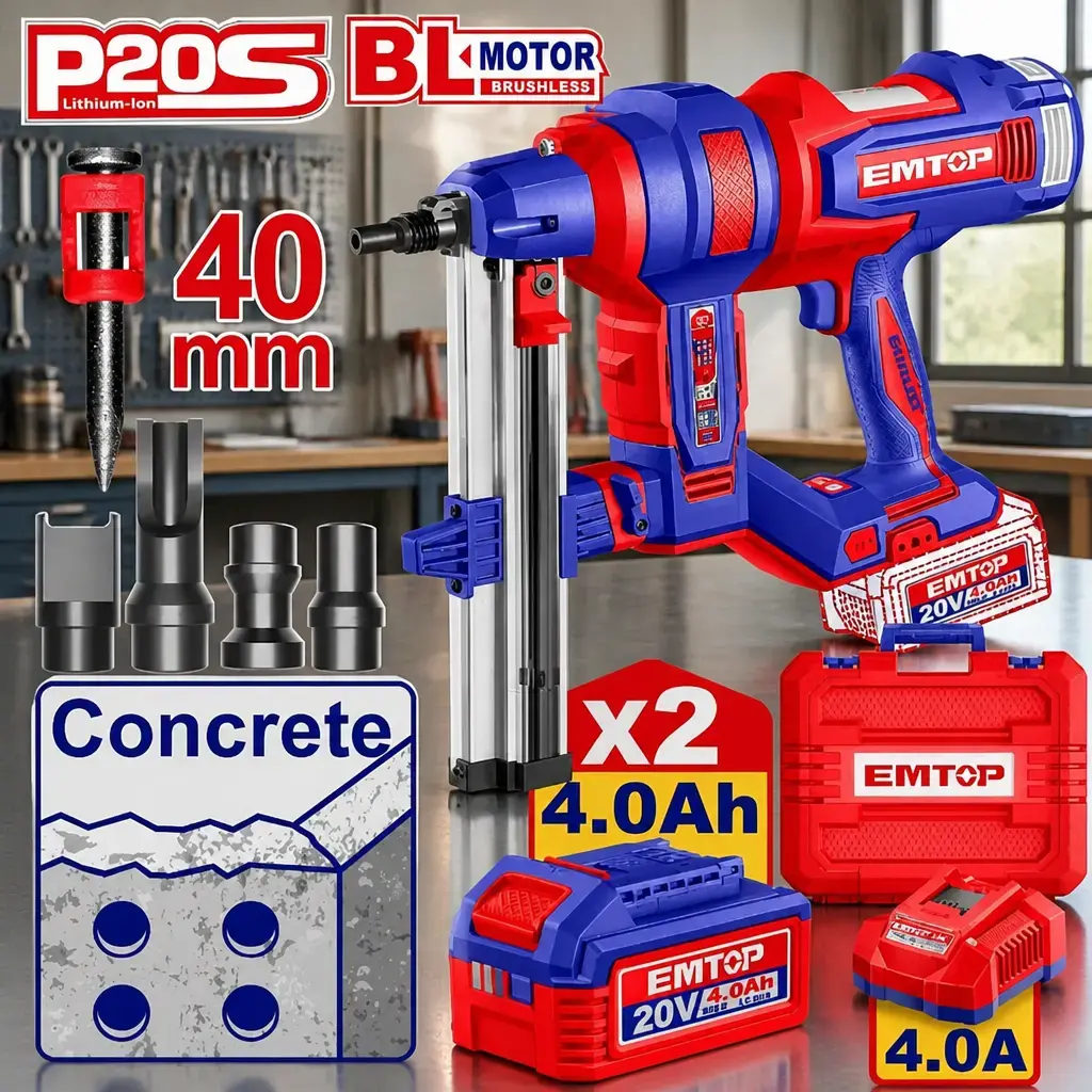 Pistola Clavadora para concreto (19-40mm) BL. + Acc. 2x Bat 20V 4Ah. (M) Emtop