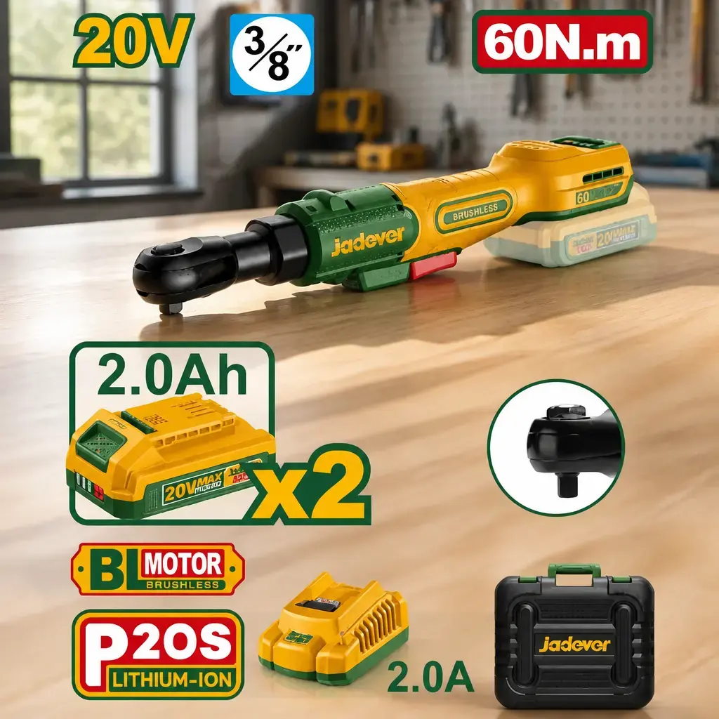 Llave criquet inalambrica 3/8" 60Nm + Acc. 2x Bat. 20V 2Ah. Jadever