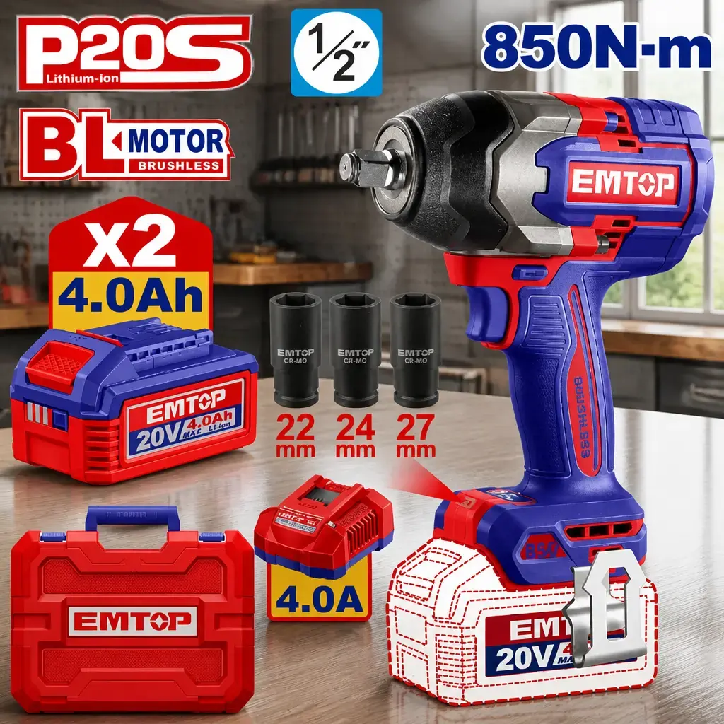 Llave de Impacto 1/2" BL 850Nm 2x Bat 20V 4Ah + Acc. (M) EMTOP