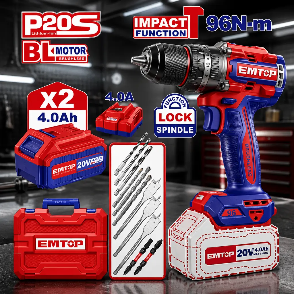 Taladro Percutor 13mm BL. 96Nm 2x Bat. 20V 4Ah (Compact) (M) Emtop*