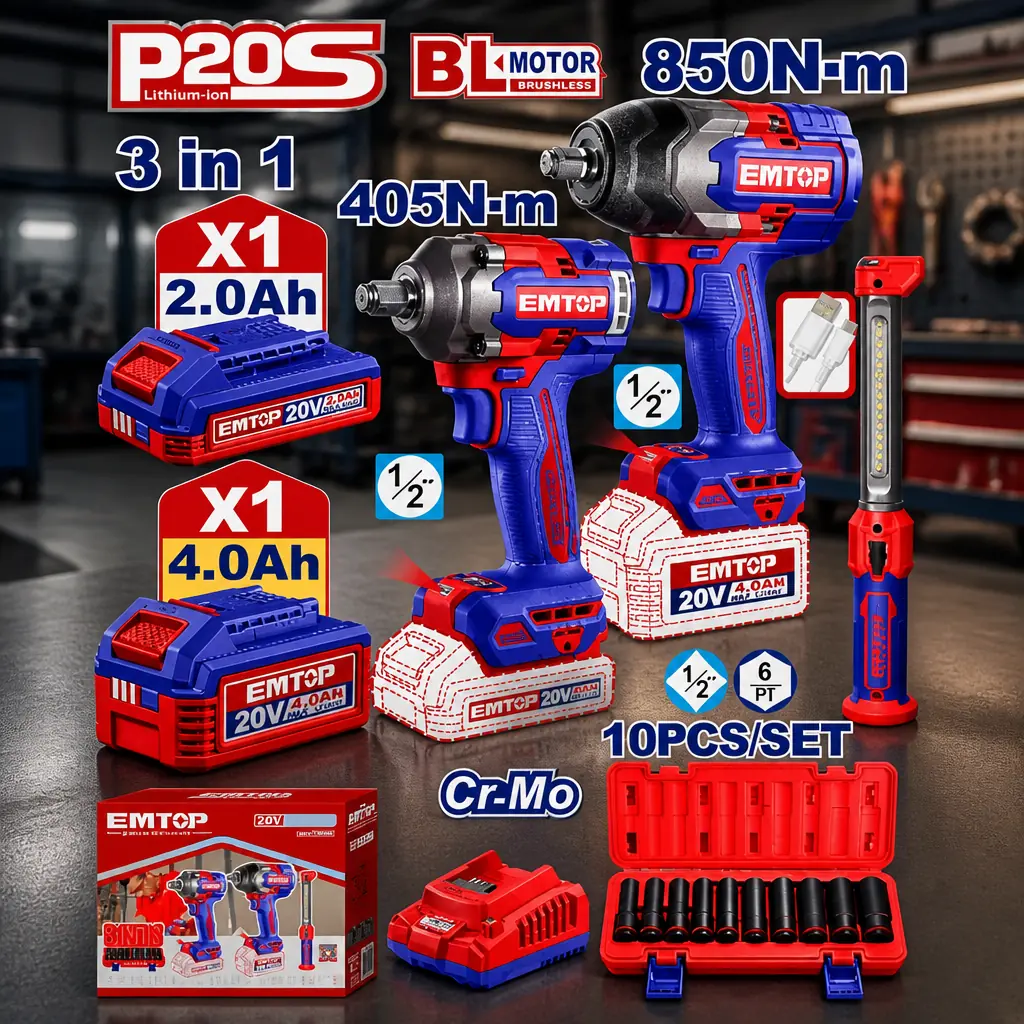 Kit Llave de imp. 405Nm + 850Nm + Lampara. 2x Bat 20V + Acc. Emtop