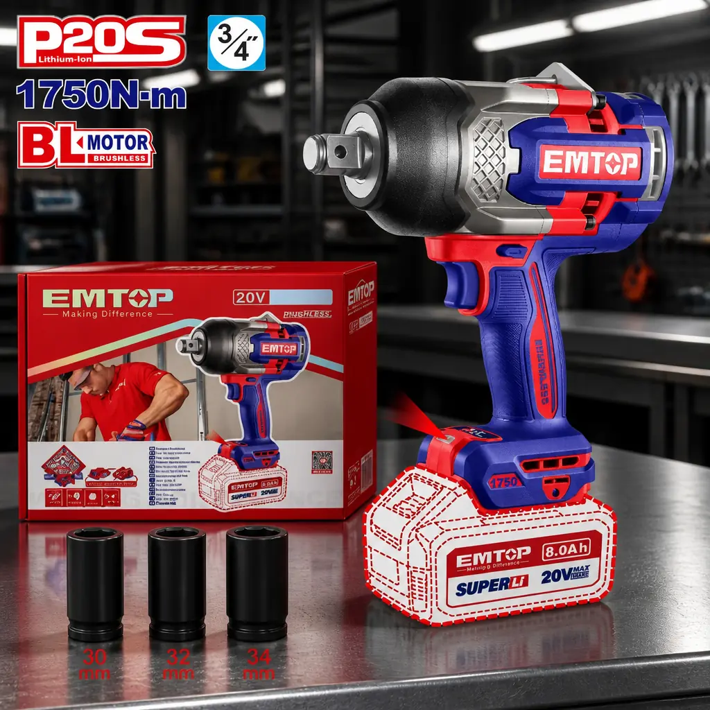 Llave de Impacto 3/4" BL 1750Nm AI + Acc. sin baterias EMTOP