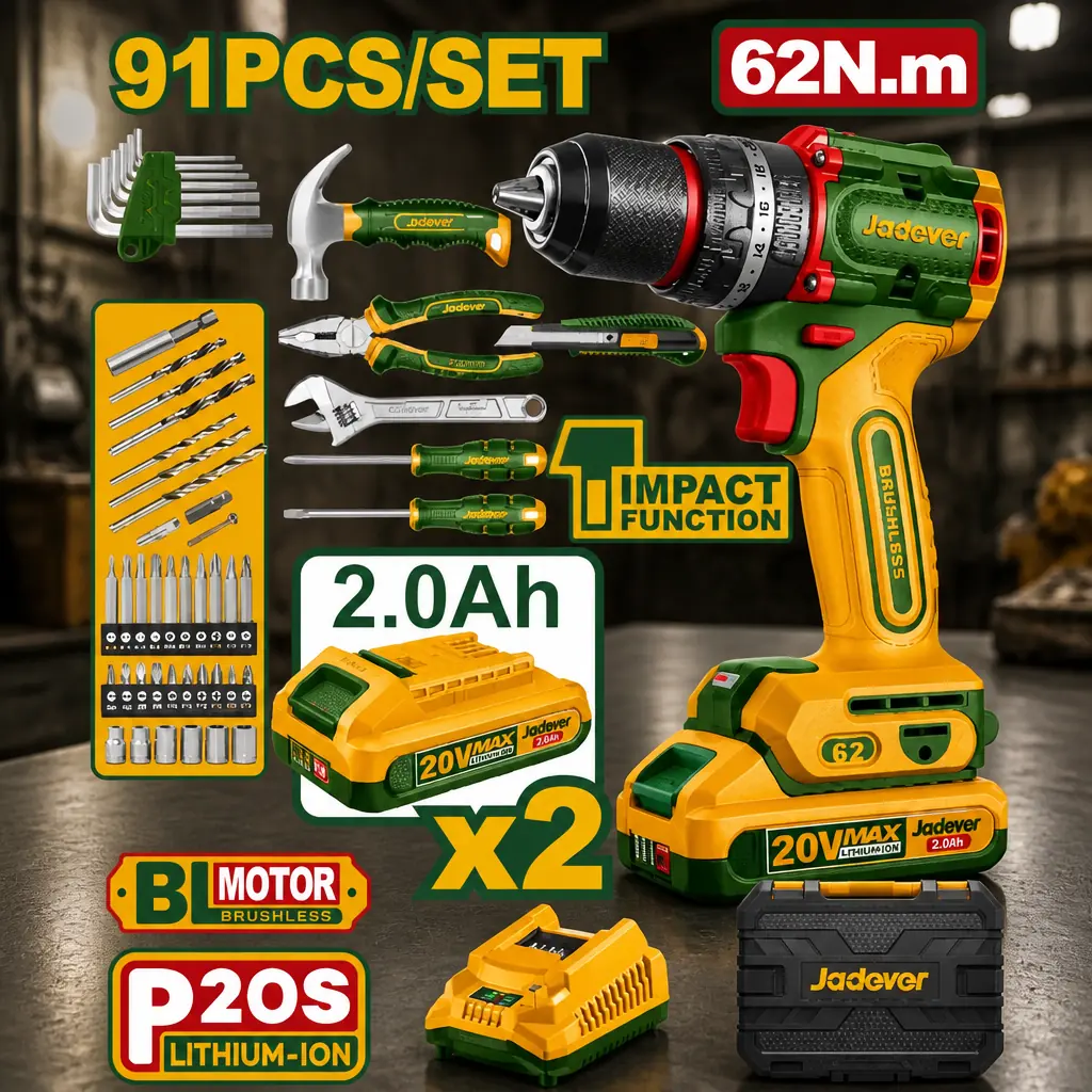 Juego de 91 pzas + Taladro Percutor 62Nm + 2x Bat. 20V 2Ah. (M) Jadever