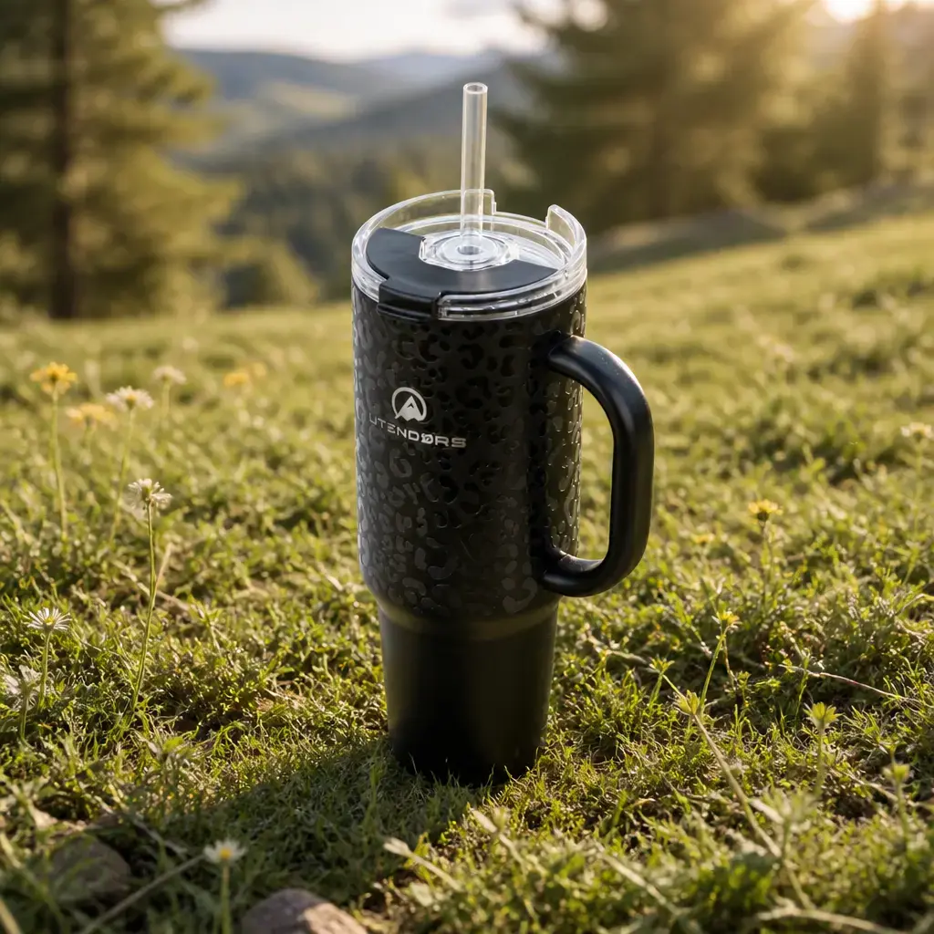 Vaso Tumbler 1.2Lt. Con pajita Leopardo Negro. Utendors