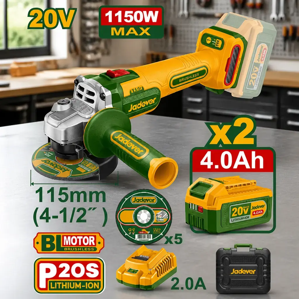 Amoladora 115mm BL 1150W + Acc. 2x Bateria 20V 4Ah. (M) Jadever