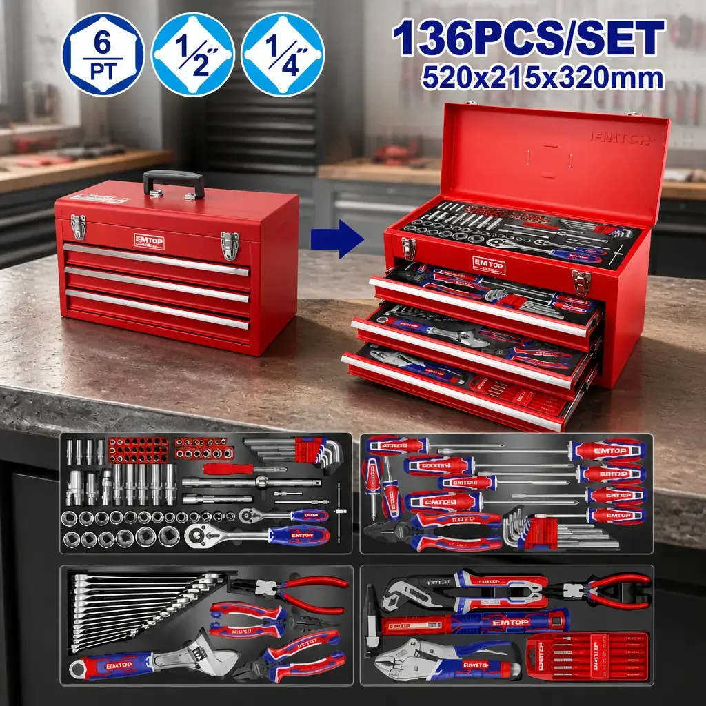 Caja de herramientas 136 pzas + Caja organizadora. Emtop