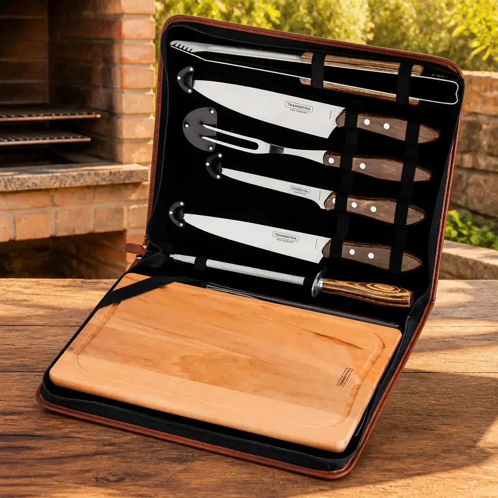 Juego p/ asado 8 pzas. Churrasco Roble Estuche