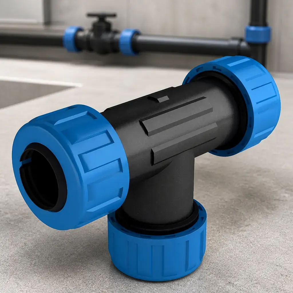 Acople de compresion T 3/4 con traba mec. para Polietileno DUKE