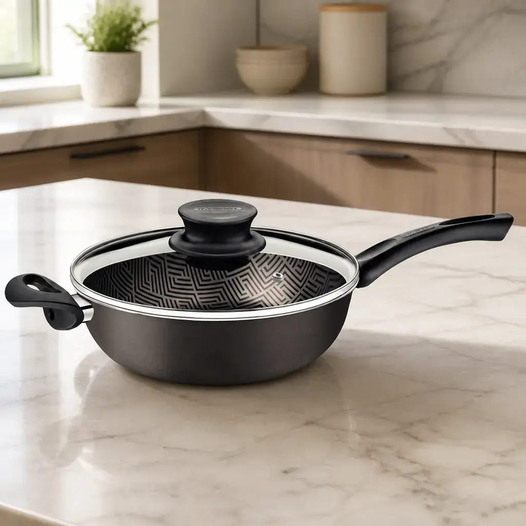 Sarten honda con tapa de vidrio 24cm Paris T. Negra x Un.