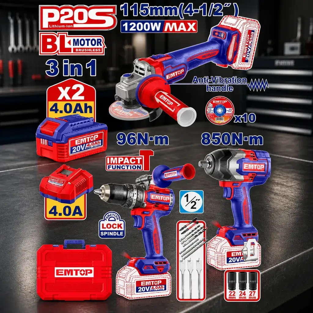 Kit Super Taladro P. + Amoladora + Llave. BL 2x Bat 4Ah + Acc. (M) Emtop