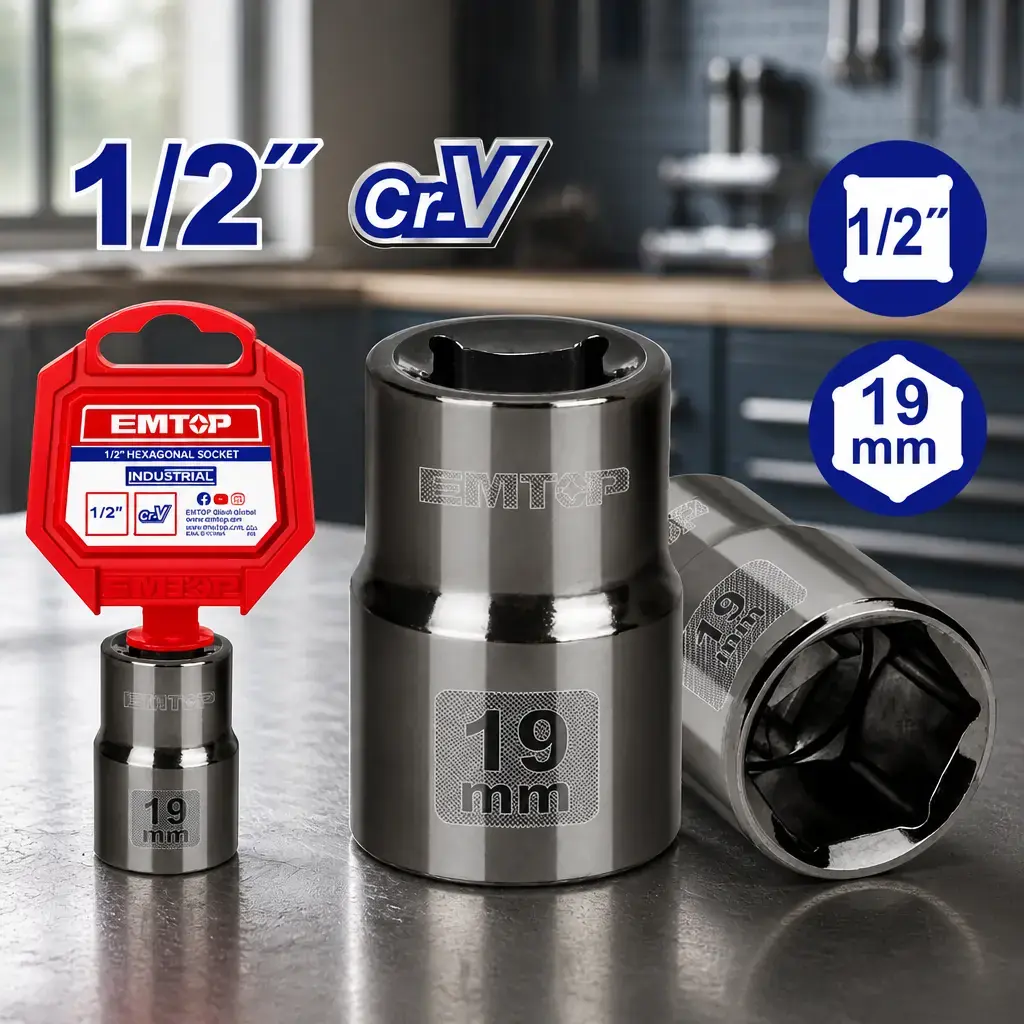 Dado 1/2' hexagonal 19mm Cr-V Emtop x Un.