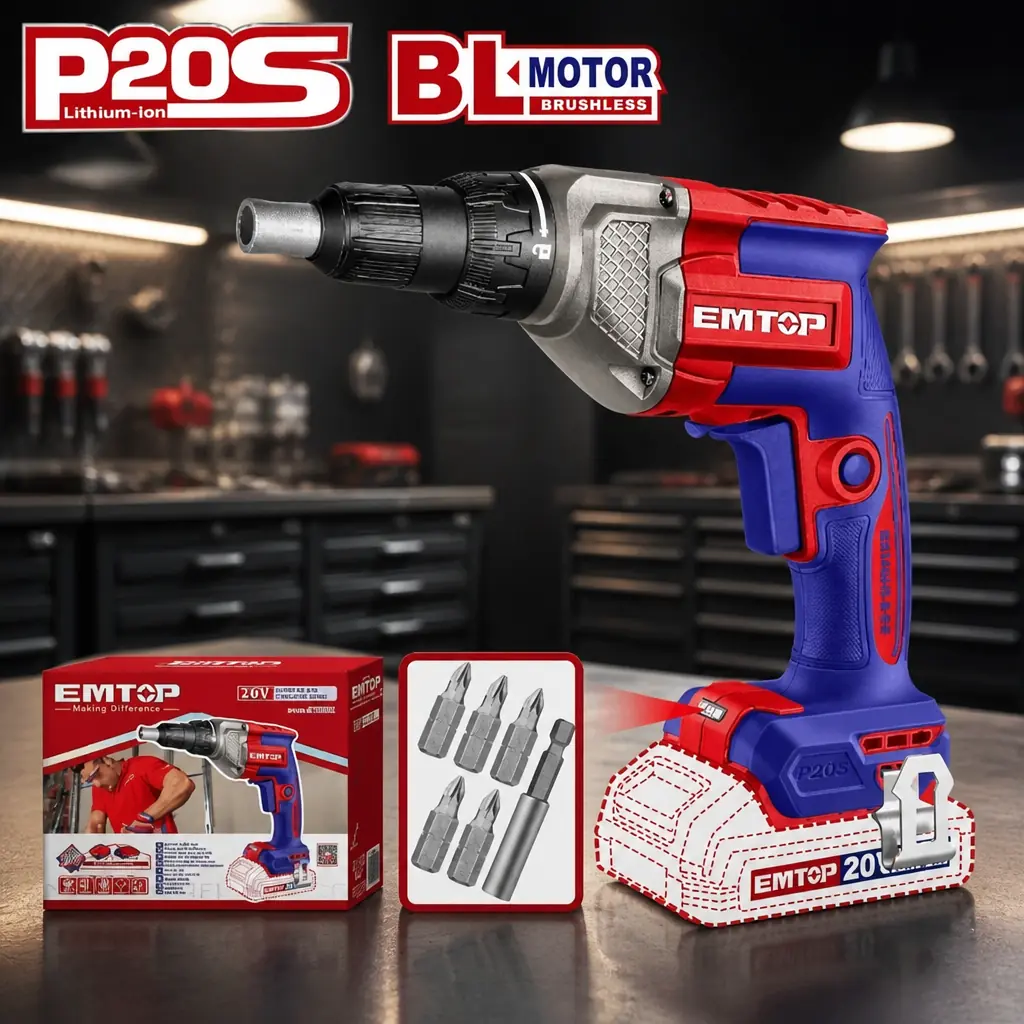 Taladro Drywall (1/4") BL 20V. + Acc. Sin Bateria Emtop Caja