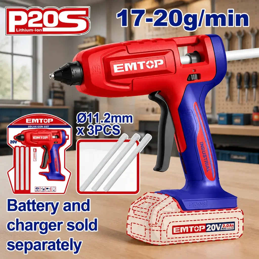 Pistola p/ Silicona 20V + 3x Barra (11.2x150mm). Sin Bateria. Emtop