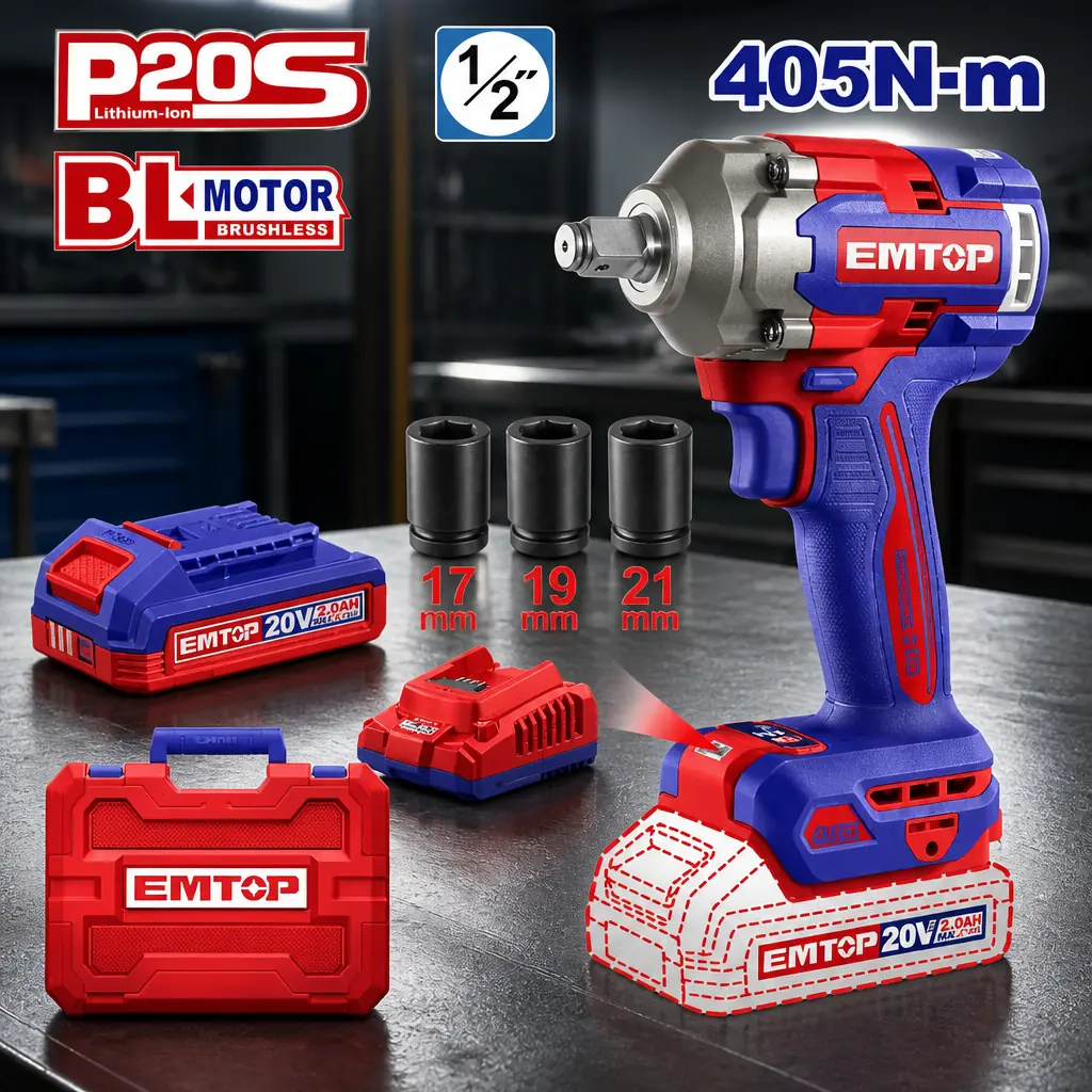 Llave de Impacto 1/2" BL 405Nm AI 2x Bat 20V 2Ah + Acc. (M) EMTOP