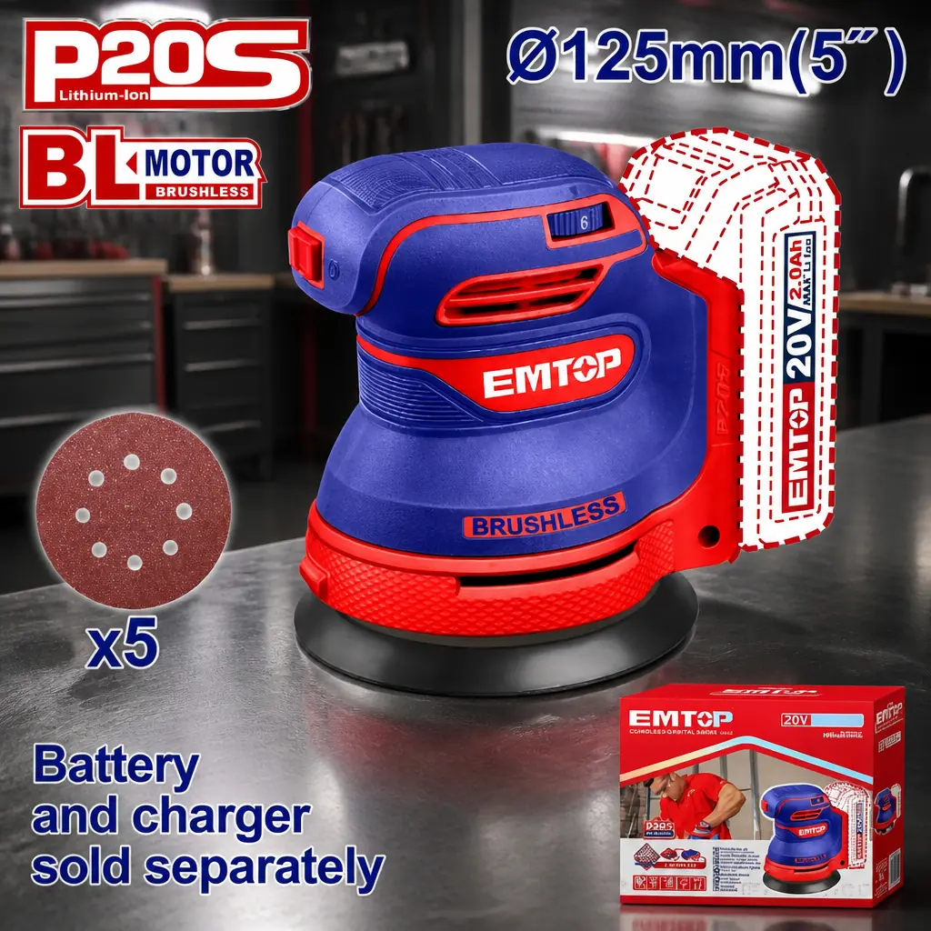 Lijadora roto-orbital (125mm) 20V. + Acc. Sin Bateria. Emtop