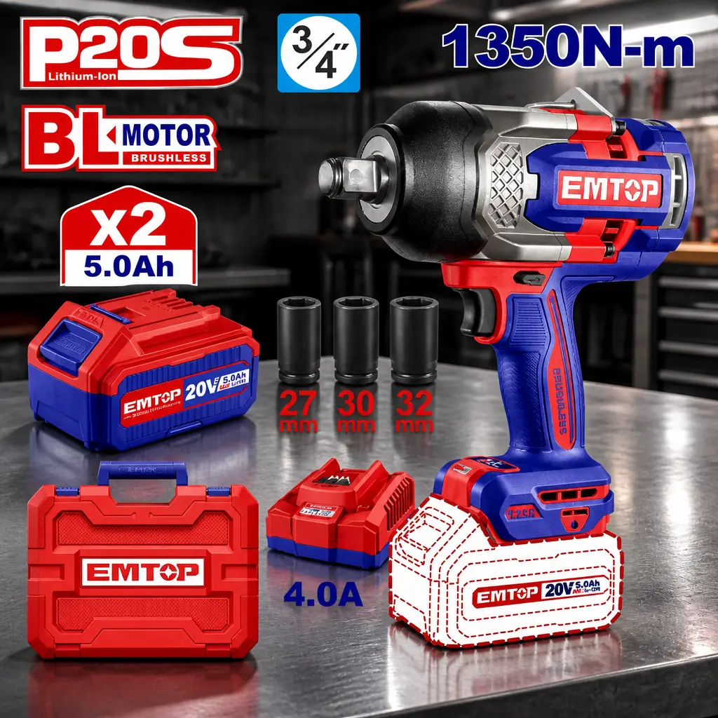 Llave de Impacto 3/4" BL 1350Nm 2x Bat 20V 5Ah + Acc. (M) EMTOP*