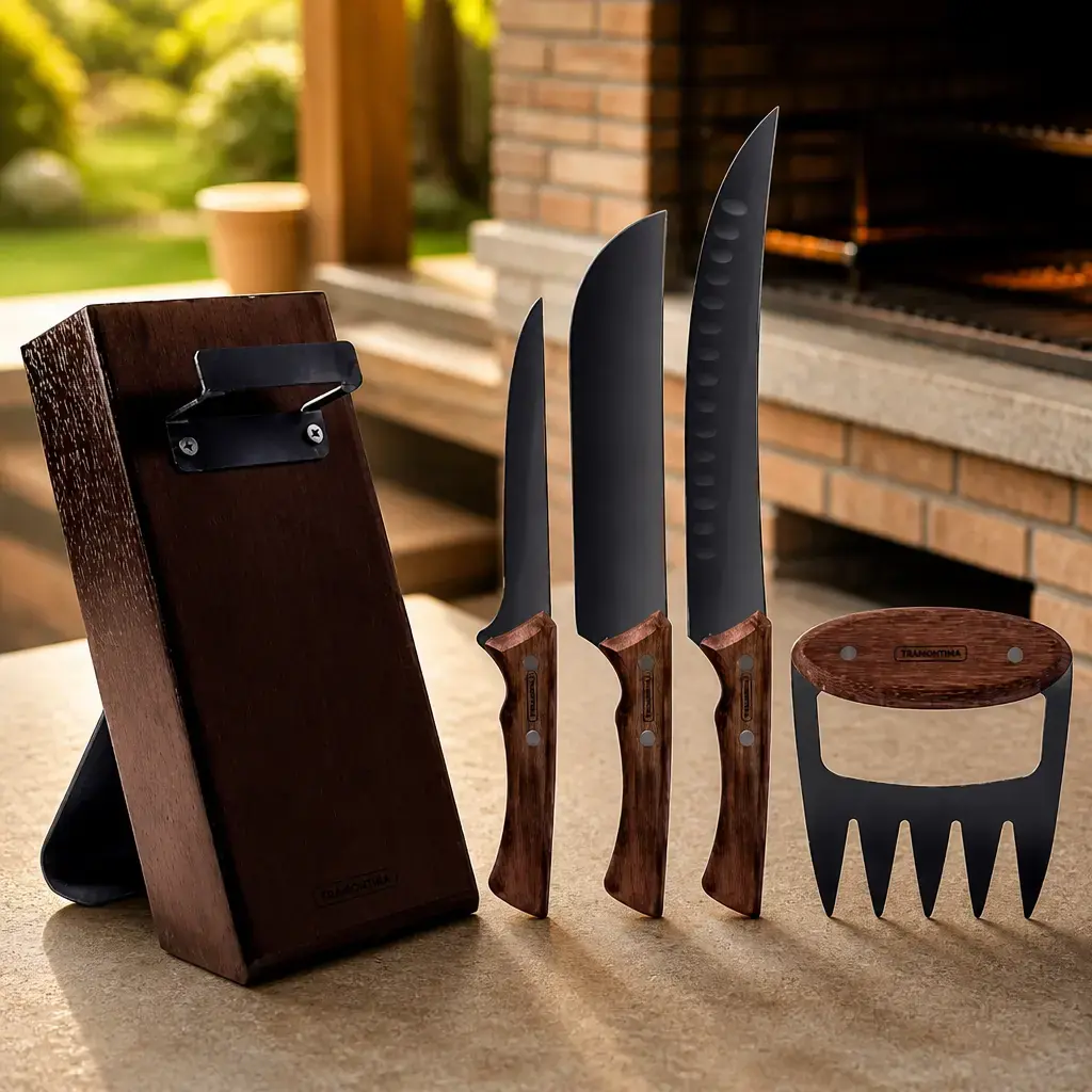 Juego para asado 5 piezas. con taco madera Churrasco Black. Tramontina