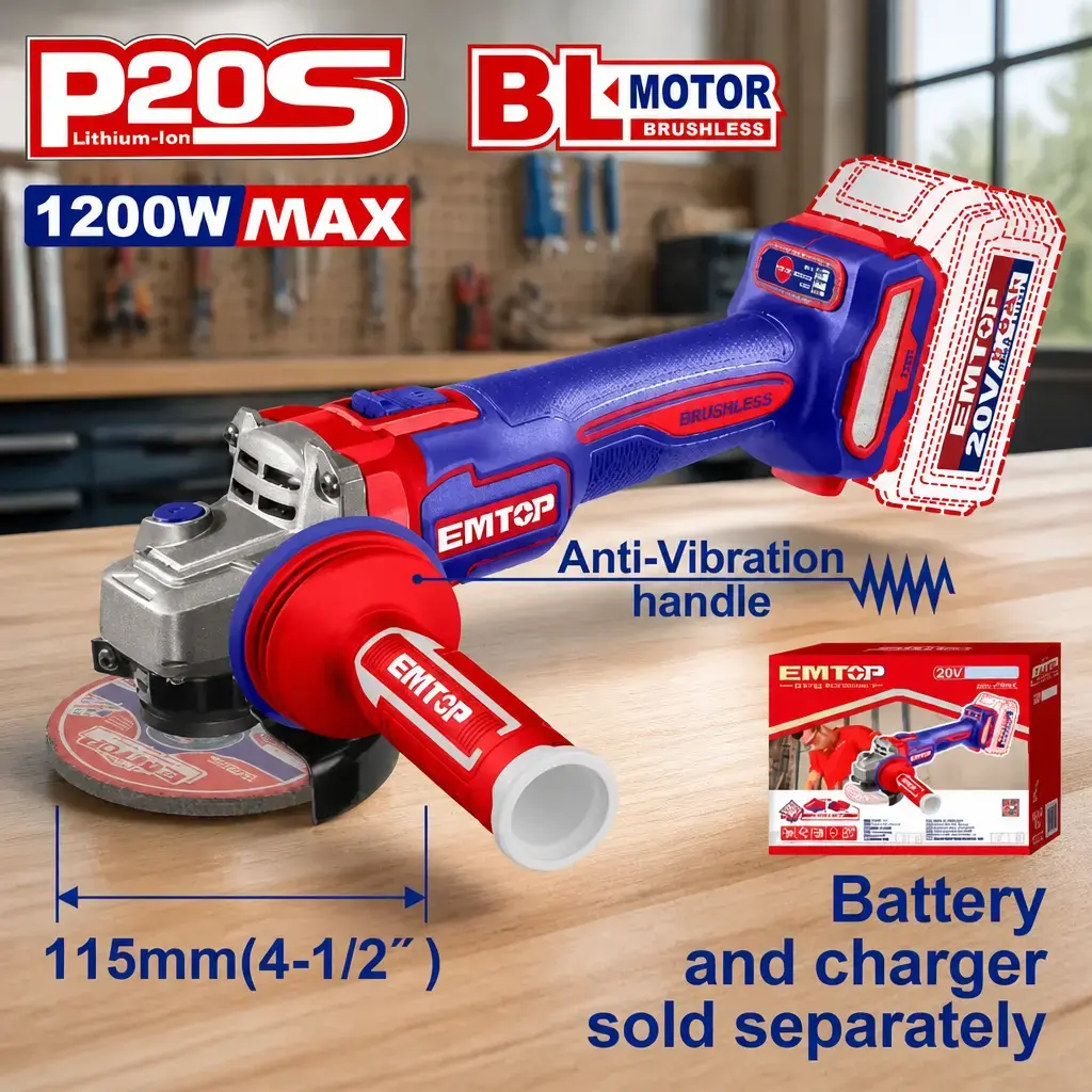 Amoladora 115mm 20V BL 1200W Sin Bateria. Emtop