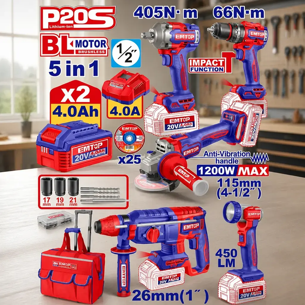 Kit Power Tools 5 en 1 + 2x Bat 20V 4Ah (M) Emtop