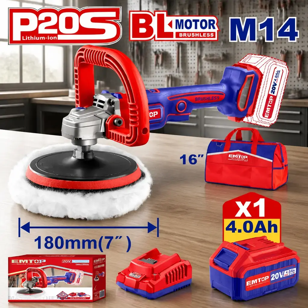 Pulidora 180mm BL + Acc. 1x Bateria 20V 4Ah. (B) EMTOP*