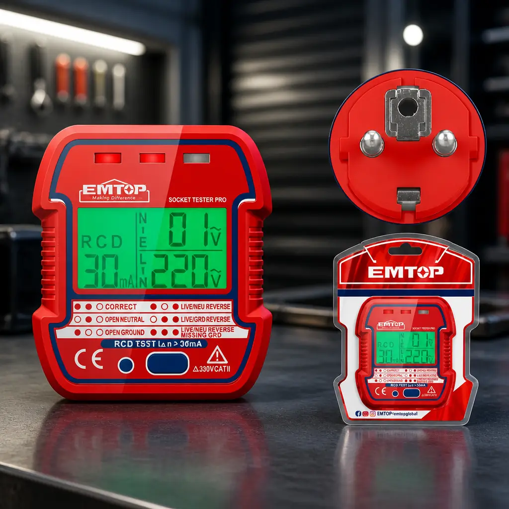 Comprobador de tomas electricas LCD. RCD>30mA. Emtop