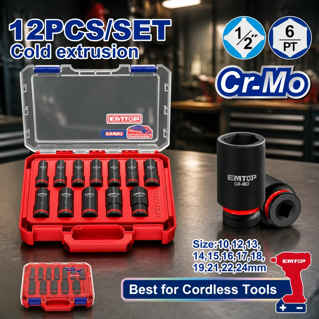 Juego de Dados de impacto largos 1/2" (10-24mm) 12pzas. Cr-Mo. (M) Emtop