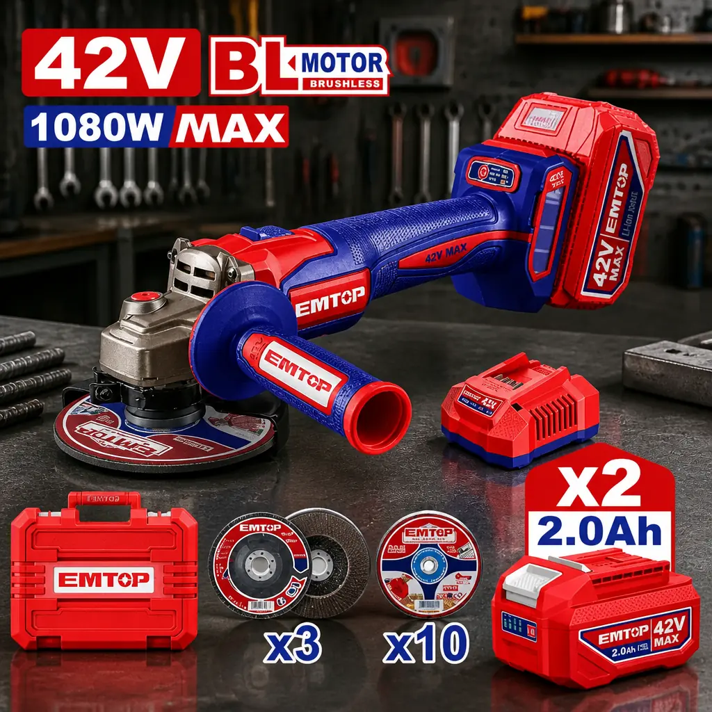 Amoladora 115mm BL 1080W + Acc. 2x Bateria 42V 2.0Ah. (M) EMTOP