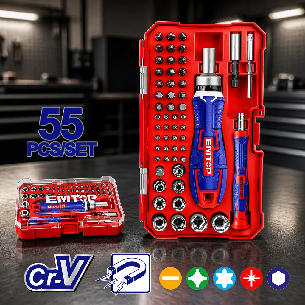 Juego de Puntas magneticas CrV. 55pzas. Estuche Plastico. Emtop