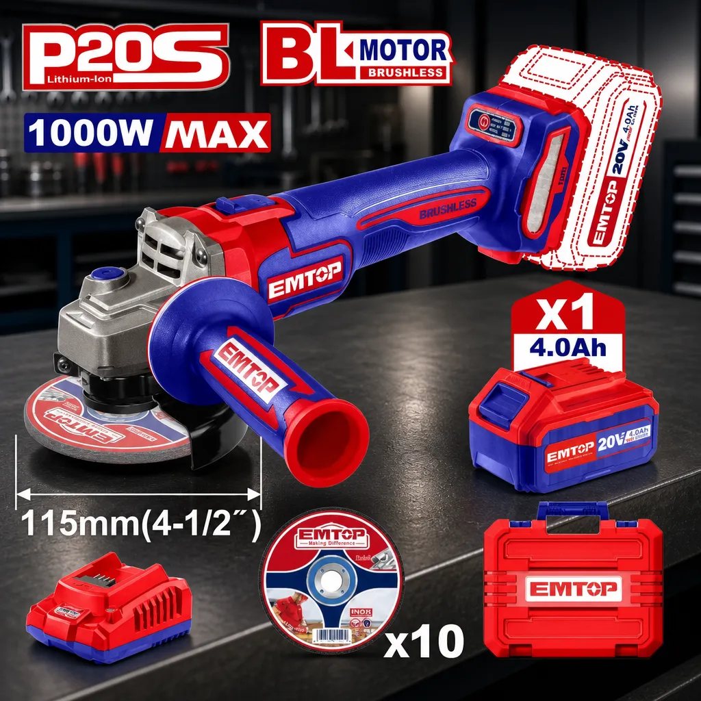 Amoladora 115mm BL 1000W + Acc. 1x Bateria 20V 4Ah. (M) EMTOP
