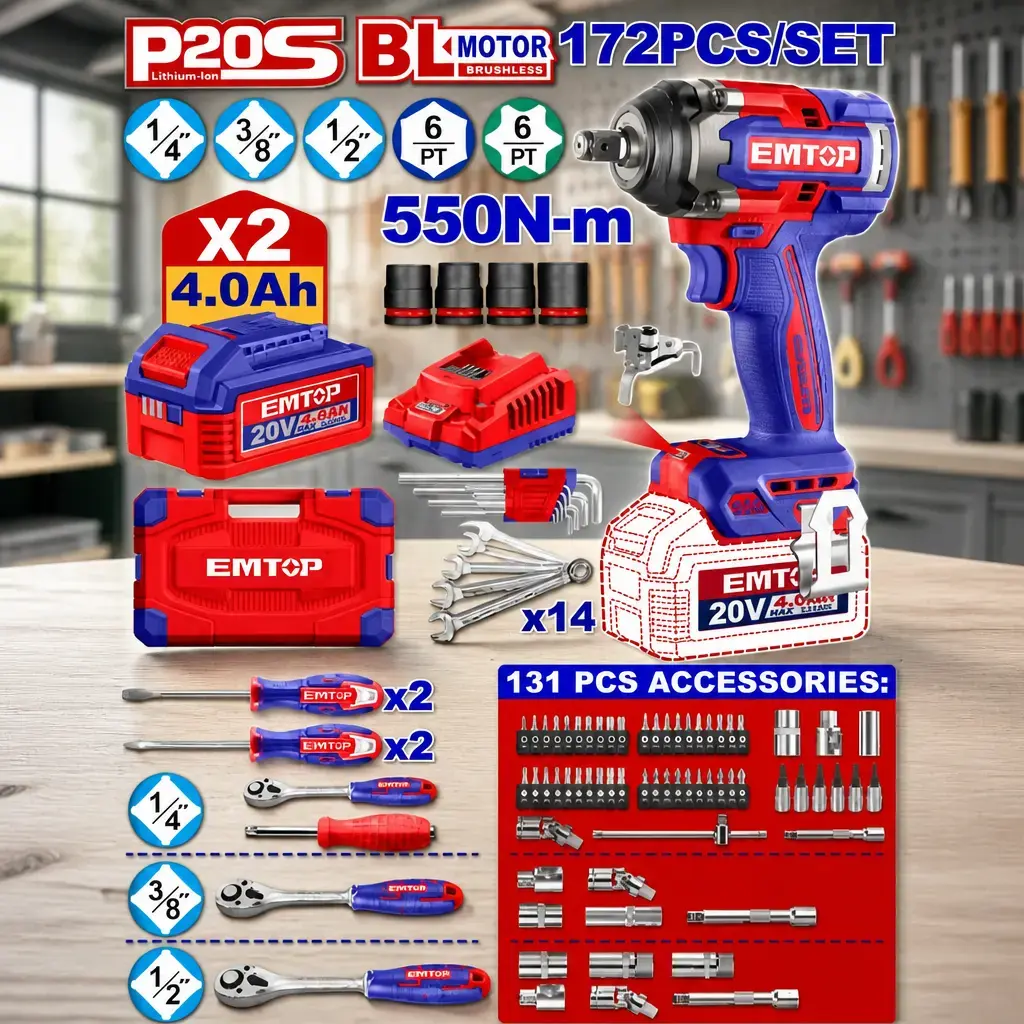 Juego de 172 pzas + Llave de impacto 550Nm 20V. (M) Emtop