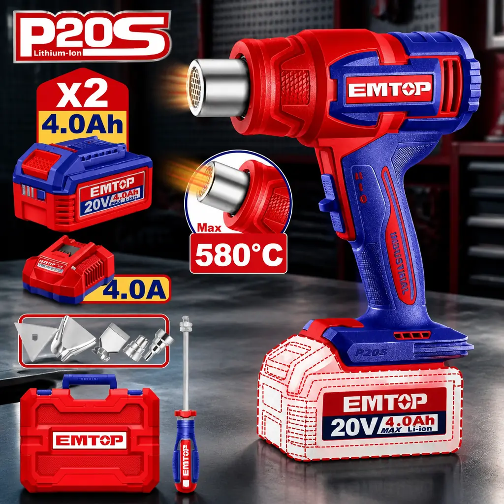 Pistola de Calor 2 Vel. + Acc. 2x Bat 20V 4Ah. Emtop