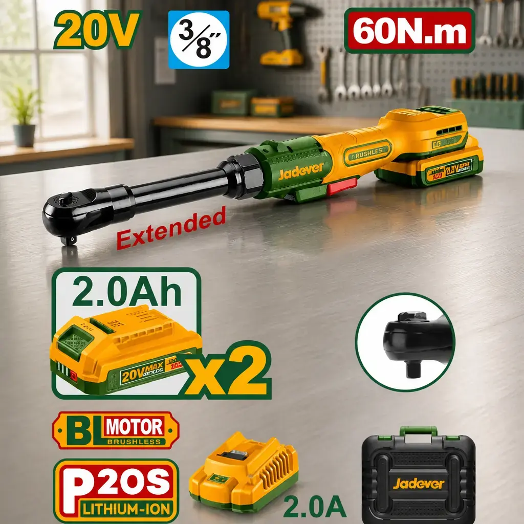 Llave criquet extendida inalam. 3/8" 60Nm + Acc. 2x Bat. 20V 2Ah. Jadever