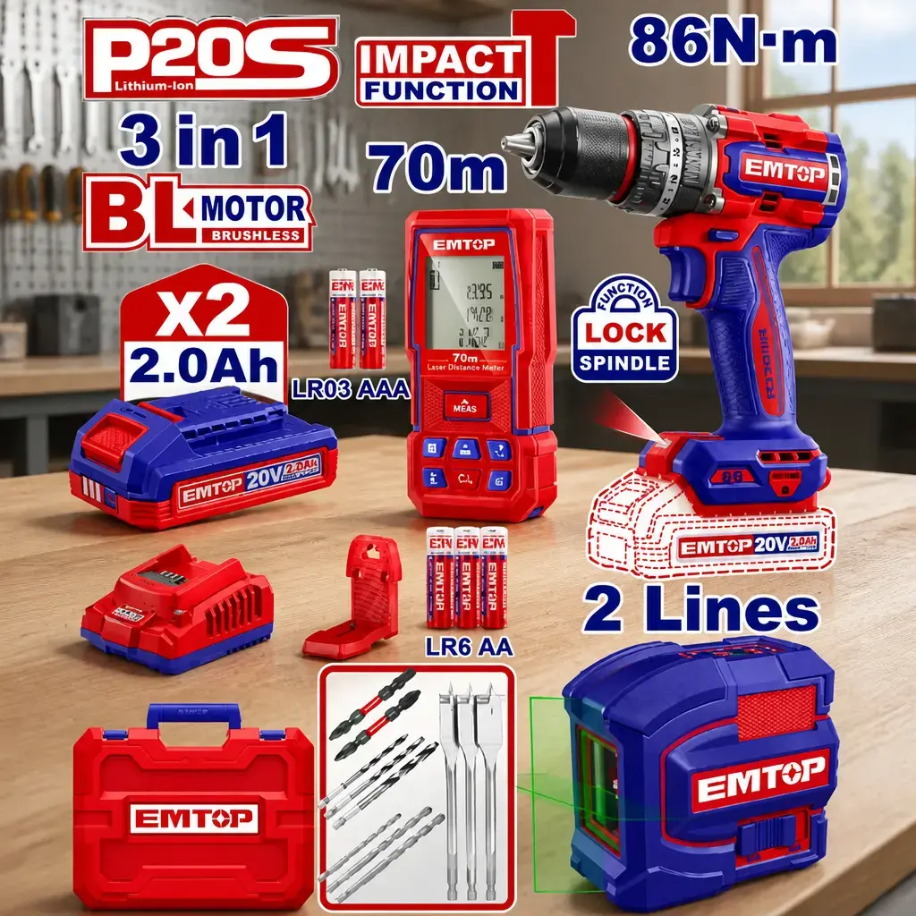 Kit Taladro P. 13mm BL. 86Nm. 2x Bat 2Ah + Auto nivel. + Med. Laser (M) Emtop