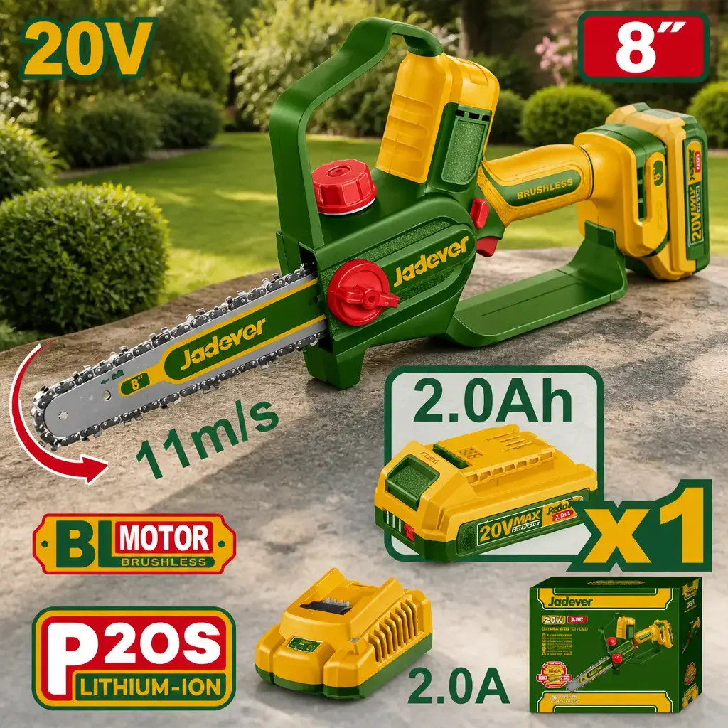 Mini motosierra 8" (Autolub) BL + Acc. 1x Bat 20V 2Ah. Jadever