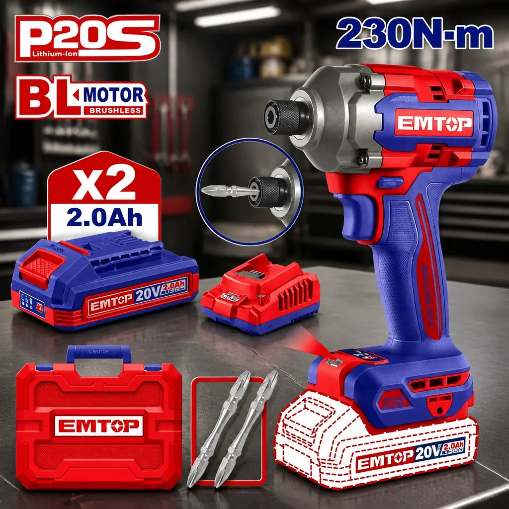 Atornillador de Impacto 1/4" BL. 230Nm. 2x Bat 20V 2Ah. (M) Emtop