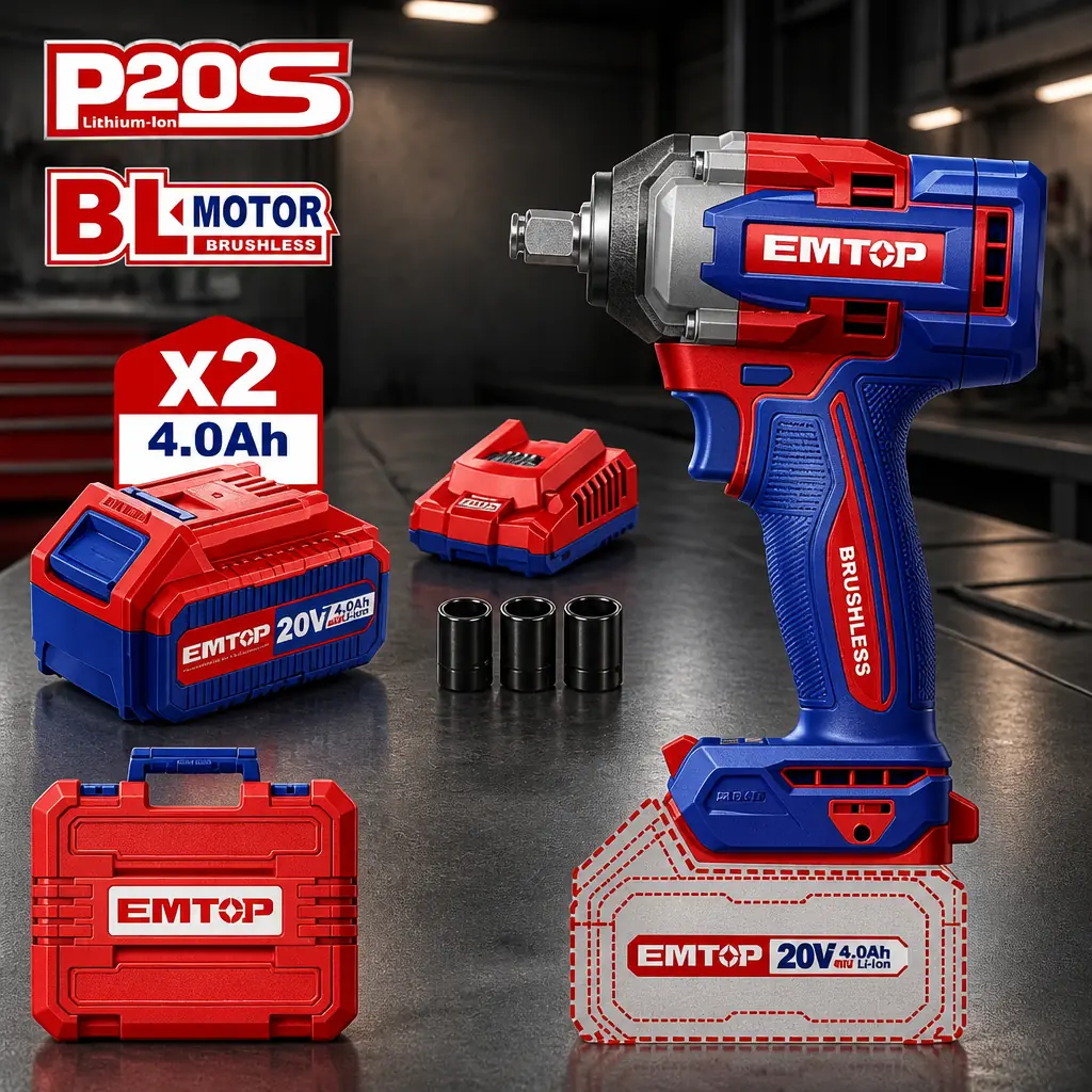 Desc - Llave de Impacto 1/2" BL 500Nm 2x Bat 20V 4Ah + Acc. (M) EMTOP