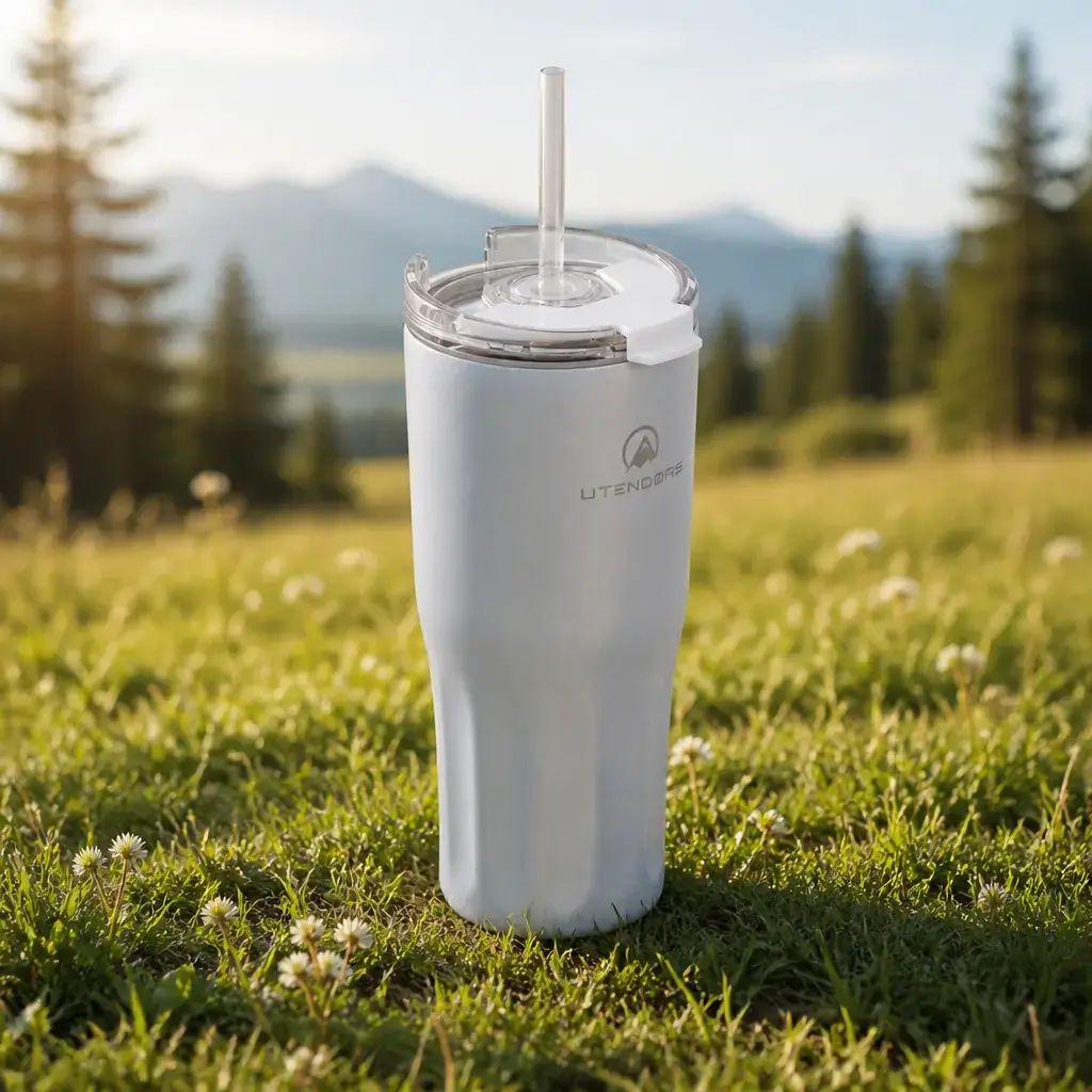 Vaso Antiderrame 600ml. Con pajita Reflectivo Blanco. Utendors