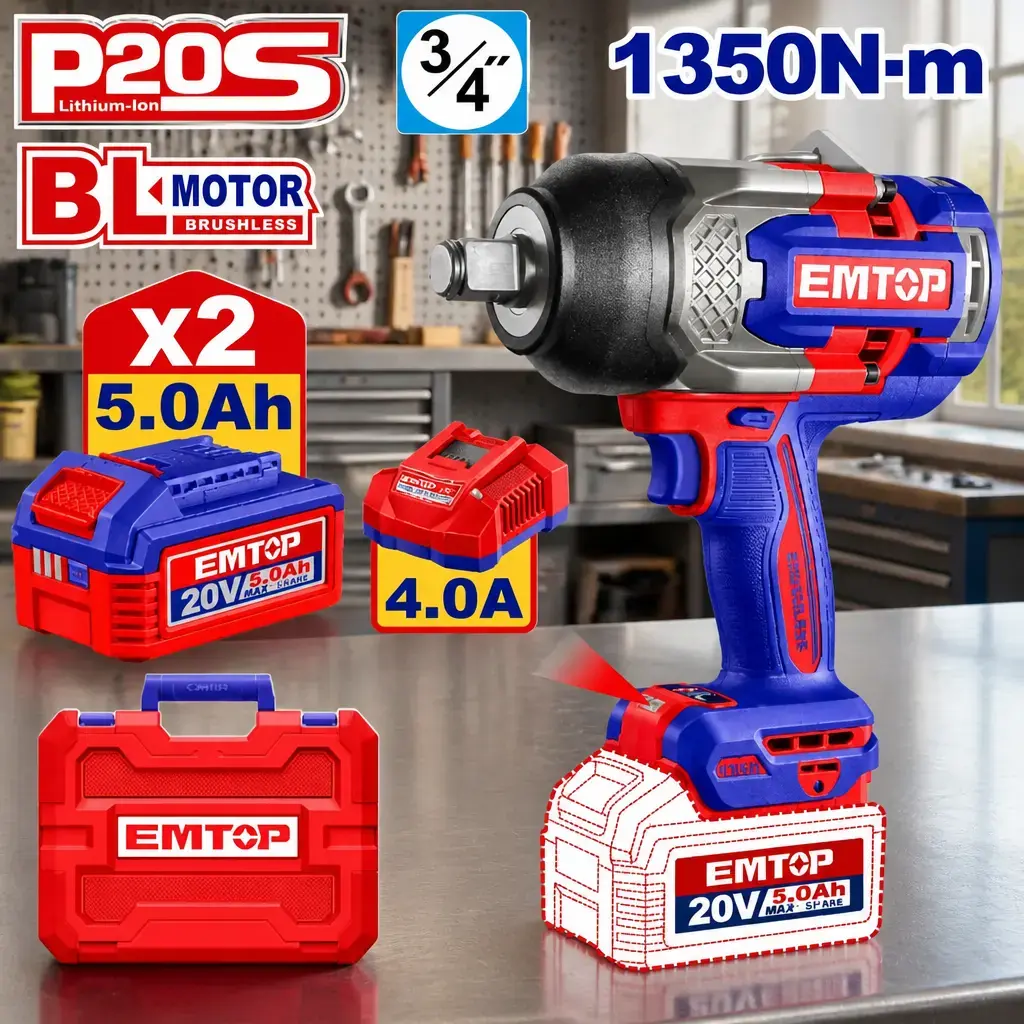 Llave de Impacto 3/4" BL 1350Nm AI 2x Bat 20V 5Ah + Acc. (M) EMTOP